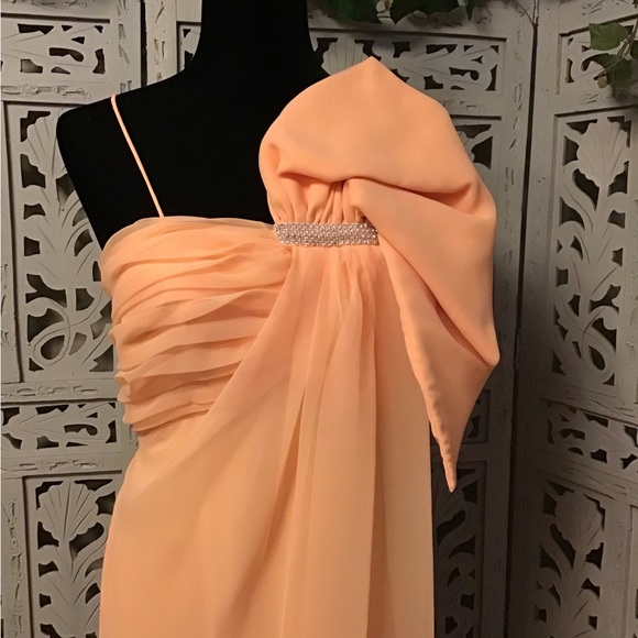 TALLY NY AMAZING PEACH ORANGE DECORATIVE BOW LONG FORMAL GOWN PROM DRESS - Picture 4 of 8